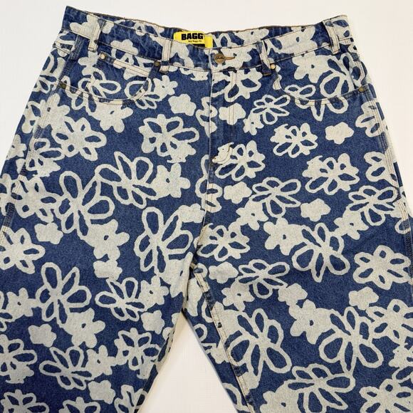 Butter Goods Baggy Jeans Mens 36 Blue White Floral Print Denim Pants Streetwear - Picture 6 of 16